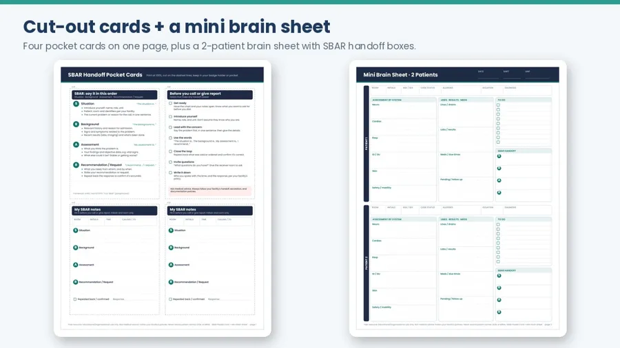 Preview of the SBAR pocket cards and mini brain sheet